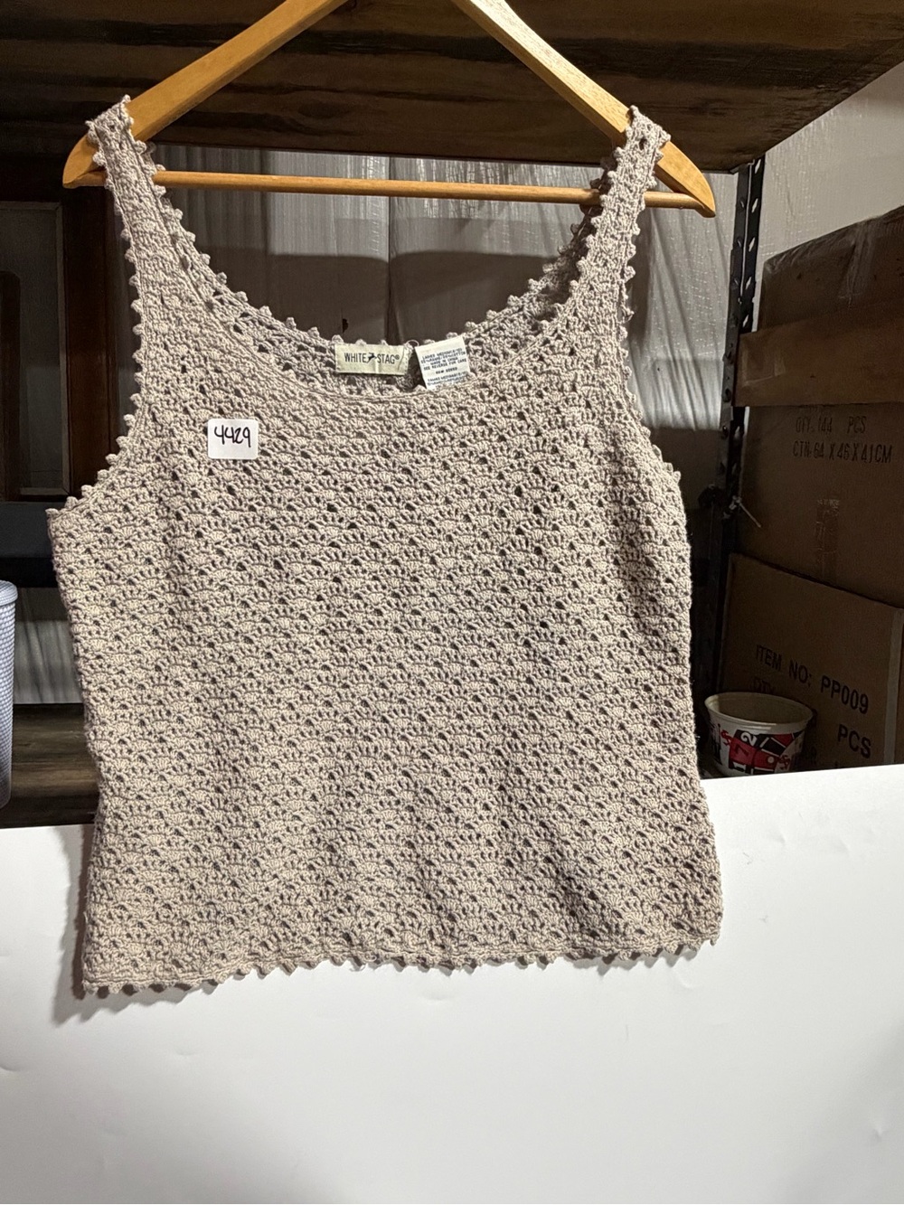 #4429-White Stag Taupe Crochet Crop Tank Top